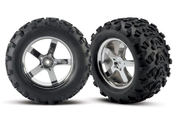 Tires & wheels, assembled, glued (Hurricane chrome wheels, Maxx® tires (6.3' outer diameter), foam inserts) (2) (fits Revo®/T-Maxx®/E-Maxx with 6mm axle and 14mm hex)