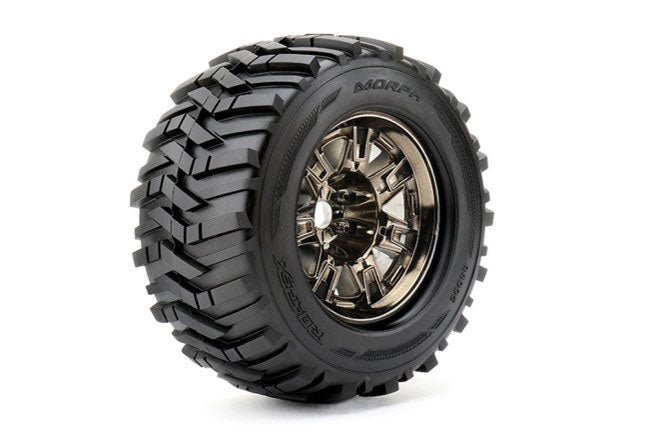 Morph 1/8 Monster Truck Tires Mounted on Chrome Black Wheels, 0" Offset, 17mm Hex (1 pair)