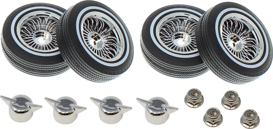 Whitewall Low Pro Tires and Wheels with Knock offs and Wheel nuts (Chrome)(Not Glued) (1Set)