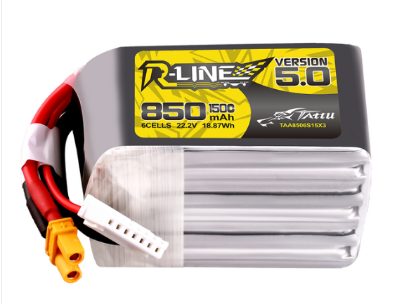 Tattu R-Line Version 5.0 850mAh 6S 22.2V 150C Lipo Battery Pack with XT30U-F Plug