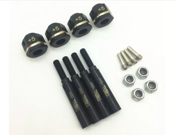 Treal Brass Extended Wheel Hubs Hex Pins +5 and Steel Stub Axle (Portal Drive) Extended +5mm Set for TRX-4