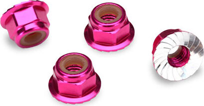 Nuts, aluminum, flanged, serrated (4mm) (pink-anodized) (4)