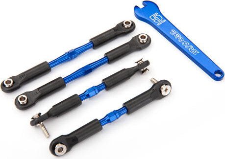 Turnbuckles, aluminum (blue-anodized), camber links, front, 39mm (2), rear, 49mm (2) (assembled w/rod ends & hollow balls)/ wrench