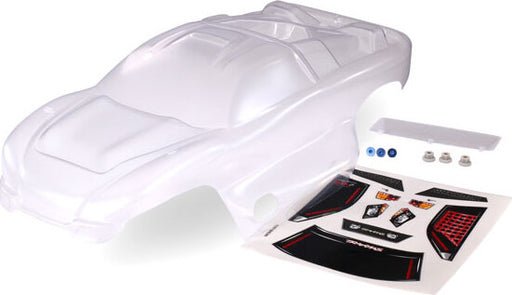 Body, Nitro Rustler (clear, requires painting)/window, grill, lights decal sheet/ wing and aluminum hardware