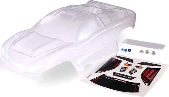 Body, Nitro Rustler (clear, requires painting)/window, grill, lights decal sheet/ wing and aluminum hardware