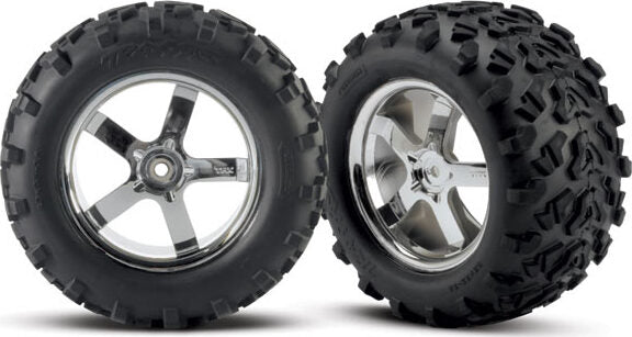 Tires & wheels, assembled, glued (Hurricane chrome wheels, Maxx tires (6.3" outer diameter), foam inserts) (2) (fits Revo/Maxx series)
