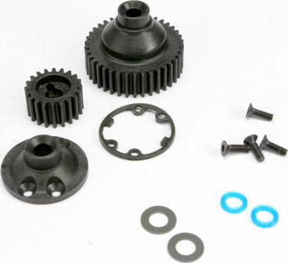 Gears, differential 38-T (1)/ differential drive gear 20-T/ side cover plate (1)/ gasket (1)/ output gear seals (x-ring) (2)/ 2.5x8mmCCS (4)/ 5x10x.5mmTW (2)