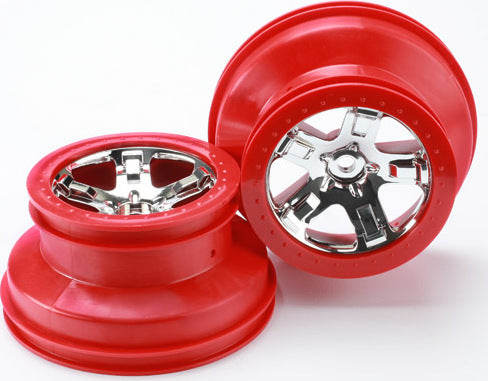 Wheels, SCT chrome, red beadlock style, dual profile (2.2ﾔ outer, 3.0ﾔ inner) (4WD front/rear, 2WD rear only) (2)