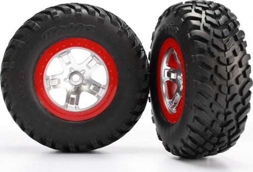 Tires & wheels, assembled, glued (SCT satin chrome red beadlock wheels, ultra-soft S1 compound off-road racing tires, inserts) (2) (2WD rear, 4WD f/r)