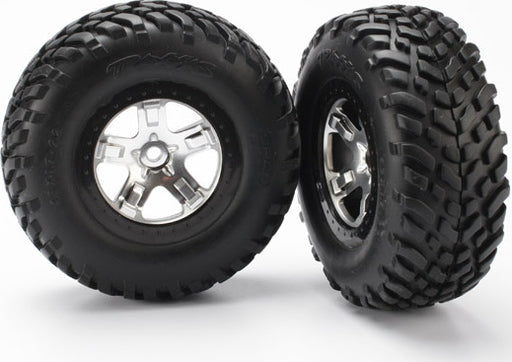 Tires & wheels, assembled, glued (SCT satin chrome, black beadlock style wheels, SCT off-road racing tires, foam inserts) (2) (4WD front/rear, 2WD rear only)