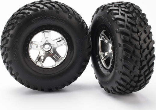 Tires & wheels, assembled, glued (SCT satin chrome, black beadlock style wheels, SCT off-road racing tires, foam inserts) (2) (4WD front/rear, 2WD rear only)
