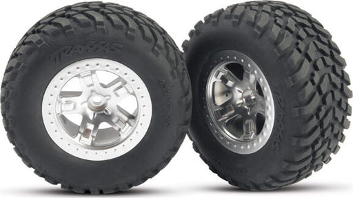 Tires & wheels, assembled, glued (SCT satin chrome, beadlock style wheels, SCT off-road racing tires, foam inserts) (2) (2WD front)