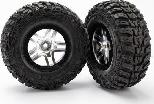 Tires & wheels, assembled, glued (S1 ultra-soft off-road racing compound) (SCT Split-Spoke satin chrome, black beadlock style wheels, Kumho tires, foam inserts) (2) (2WD front)