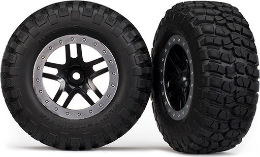 Tires & wheels, assembled, glued (SCT Split-Spoke, black, satin chrome beadlock wheels, BFGoodrich Mud-Terrainﾙ T/A KM2 tire, foam inserts) (2) (4WD f/r, 2WD rear)