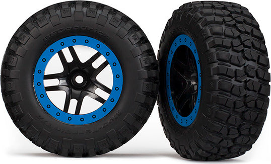 Tire & wheel assy, glued (SCT Split-Spoke, black, blue beadlock wheels, BFGoodrich Mud-Terrainﾙ T/A KM2 tires, inserts) (2) (2WD Front)