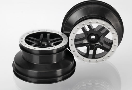 Wheels, SCT Split-Spoke, black, satin chrome beadlock style, dual profile (2.2" outer, 3.0" inner) (2WD front) (2)