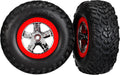 Tires & wheels, assembled, glued (SCT chrome wheels, red beadlock style, dual profile (2.2" outer, 3.0" inner), SCT off-road racing tires, foam inserts) (2) (4WD f/r, 2WD rear) (TSM rated)