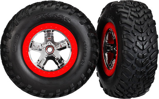 Tires & wheels, assembled, glued (SCT chrome wheels, red beadlock style, dual profile (2.2" outer, 3.0" inner), SCT off-road racing tires, foam inserts) (2) (4WD f/r, 2WD rear) (TSM rated)