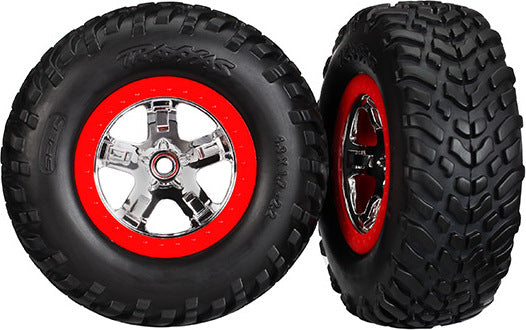Tires & wheels, assembled, glued (SCT chrome wheels, red beadlock style, dual profile (2.2" outer, 3.0" inner), SCT off-road racing tires, foam inserts) (2) (4WD f/r, 2WD rear) (TSM rated)
