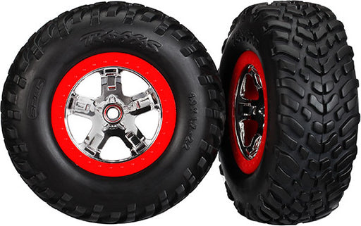 Tires & wheels, assembled, glued (SCT chrome wheels, red beadlock style, dual profile (2.2" outer, 3.0" inner), SCT off-road racing tires, foam inserts) (2) (2wd front)
