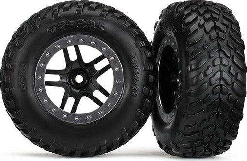 Tires & wheels, assembled, glued (SCT Split-Spoke black, satin chrome beadlock style wheel, dual profile (2.2" outer, 3.0" inner), SCT off-road racing tires, foam inserts) (2) (4WD f/r, 2WD rear) (TSM rated)