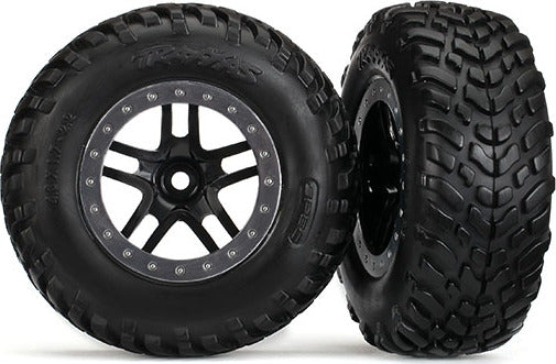 Tires & wheels, assembled, glued (SCT Split-Spoke black, satin chrome beadlock style wheels, dual profile (2.2" outer, 3.0" inner), SCT off-road racing tires, foam inserts) (2) (2WD front)