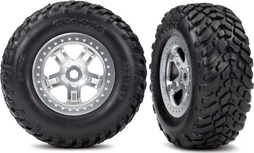 Tires & wheels, assembled, glued (SCT, satin chrome, beadlock style wheels, dual profile (2.2" outer, 3.0" inner), SCT off-road racing tires, foam inserts) (2)