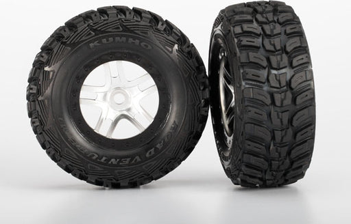 Tires & wheels, assembled, glued (S1 ultra-soft off-road racing compound) (SCT Split-Spoke satin chrome, black beadlock style wheels, dual profile (2.2" outer, 3.0" inner), Kumho tires, foam inserts) (2) (front/rear)