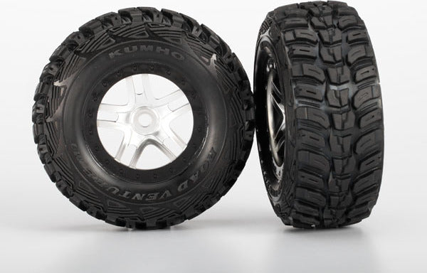 Tires & wheels, assembled, glued (S1 ultra-soft off-road racing compound) (SCT Split-Spoke satin chrome, black beadlock style wheels, dual profile (2.2" outer, 3.0" inner), Kumho tires, foam inserts) (2) (front/rear)