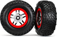 Tires & wheels, assembled, glued (SCT Split-Spoke chrome, red beadlock style wheels, dual profile (2.2" outer, 3.0" inner), SCT off-road racing tires, inserts) (2) (front/rear)