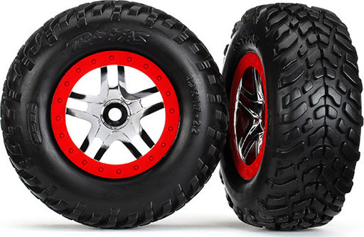 Tires & wheels, assembled, glued (SCT Split-Spoke chrome, red beadlock style wheels, dual profile (2.2" outer, 3.0" inner), SCT off-road racing tires, inserts) (2) (front/rear)
