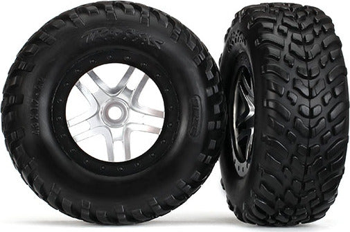 Tires & wheels, assembled, glued (SCT Split-Spoke satin chrome, black beadlock wheels, dual profile (2.2" outer, 3.0" inner), SCT off-road racing tires, foam inserts) (2) (front/rear)