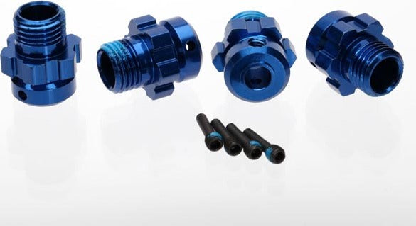 Wheel hub, splined, 17mm, 6061-T6 aluminum (blue-anodized) (4)/ screw pin, 4x13mm (with threadlock) (4) (for 6mm axles)