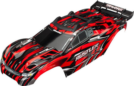 Body, Rustler 4X4, red/ window, grill, lights decal sheet (assembled with front & rear body mounts and rear body support for clipless mounting)