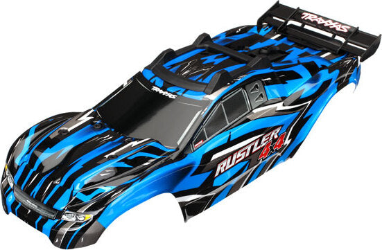 Body, Rustler 4X4, blue/ window, grill, lights decal sheet (assembled with front & rear body mounts and rear body support for clipless mounting)