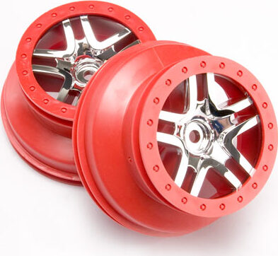 Wheels, SCT Split-Spoke, chrome, red beadlock style, dual profile (2.2" outer, 3.0" inner) (4WD front/rear, 2WD rear) (2)