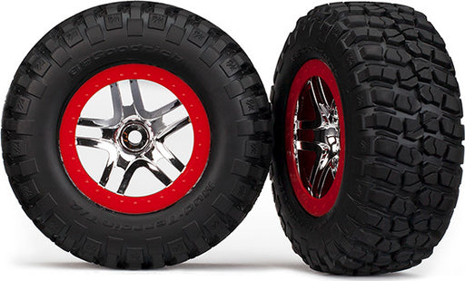 Tires & wheels, assembled, glued (S1 ultra-soft, off-road racing compound) (SCT Split-Spoke chrome, red beadlock style wheels, BFGoodrich Mud-Terrainﾙ T/A KM2 tires, foam inserts) (2) (4WD f/r, 2WD rear)