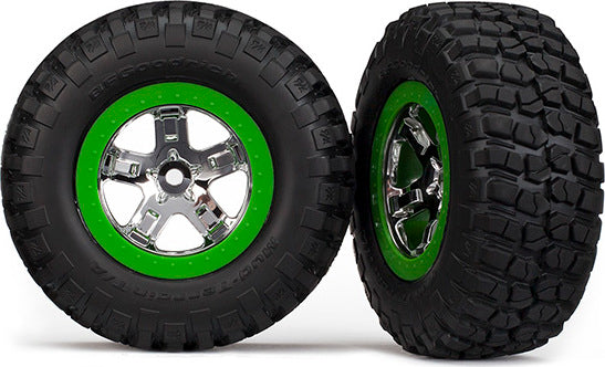Tires & wheels, assembled, glued (SCT, chrome, green beadlock wheel, BFGoodrich Mud-Terrainﾙ T/A KM2 tire, foam inserts) (2) (4WD front/rear, 2WD rear only)