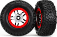 Tires & wheels, assembled, glued (SCT Split-Spoke chrome, red beadlock style wheels, dual profile (2.2" outer, 3.0" inner), SCT off-road racing tires, foam inserts) (2) (4WD f/r, 2WD rear) (TSM rated)