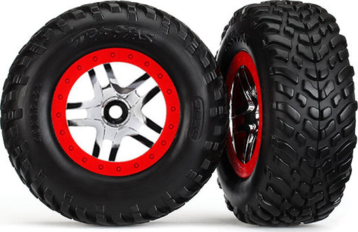 Tires & wheels, assembled, glued (SCT Split-Spoke chrome, red beadlock style wheels, dual profile (2.2" outer, 3.0" inner), SCT off-road racing tires, foam inserts) (2) (4WD f/r, 2WD rear) (TSM rated)