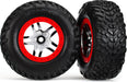 Tires & wheels, assembled, glued (S1 compound) (SCT Split-Spoke chrome, red beadlock style wheels, dual profile (2.2" outer, 3.0" inner), SCT off-road racing tires, foam inserts) (2) (4WD f/r, 2WD rear) (TSM rated)