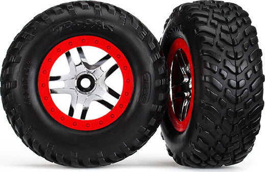 Tires & wheels, assembled, glued (S1 compound) (SCT Split-Spoke chrome, red beadlock style wheels, dual profile (2.2" outer, 3.0" inner), SCT off-road racing tires, foam inserts) (2) (4WD f/r, 2WD rear) (TSM rated)