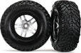 Tires & wheels, assembled, glued (SCT Split-Spoke satin chrome, black beadlock style wheels, dual profile (2.2" outer, 3.0" inner), SCT off-road racing tires, foam inserts) (2) (4WD f/r, 2WD rear) (TSM rated)