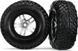 Tires & wheels, assembled, glued (S1 compound) (SCT Split-Spoke satin chrome, black beadlock style wheels, dual profile (2.2" outer, 3.0" inner), SCT off-road racing tires, foam inserts) (2) (4WD f/r, 2WD rear) (TSM rated)