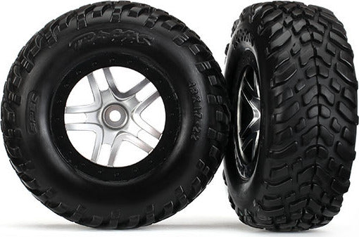 Tires & wheels, assembled, glued (S1 compound) (SCT Split-Spoke satin chrome, black beadlock style wheels, dual profile (2.2" outer, 3.0" inner), SCT off-road racing tires, foam inserts) (2) (4WD f/r, 2WD rear) (TSM rated)