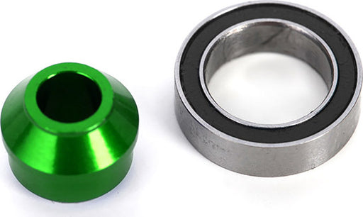 Bearing adapter, 6061-T6 aluminum (green-anodized) (1)/ 10x15x4mm ball bearing (black rubber sealed) (1) (for slipper shaft)