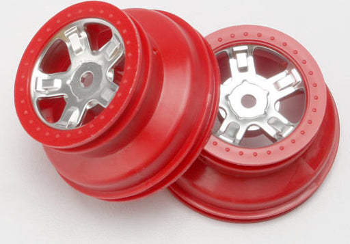 Wheels, SCT satin chrome, red beadlock style, dual profile (1.8" inner, 1.4" outer) (2)