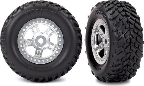 Tires and wheels, assembled, glued (SCT satin chrome wheels, SCT off-road racing tires, foam inserts) (1 each, right & left)