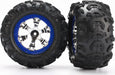 Tires and wheels, assembled, glued (Geode chrome, blue beadlock style wheels, Canyon AT tires, foam inserts) (1 left, 1 right)