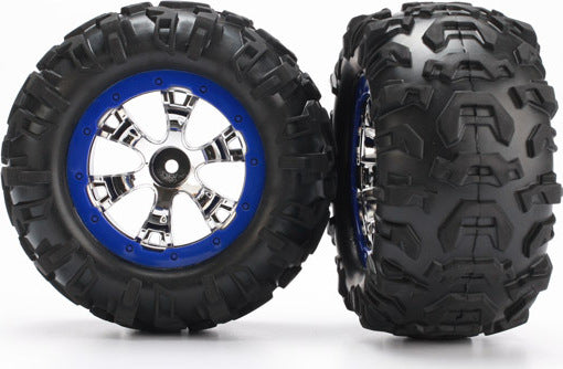 Tires and wheels, assembled, glued (Geode chrome, blue beadlock style wheels, Canyon AT tires, foam inserts) (1 left, 1 right)